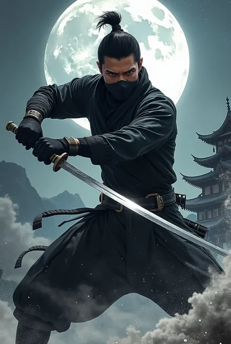 a ninja dressed in black has a sword in his right hand、The left hand is the mark of a shinobi,  vector art inspired by Kano Yoshikai, Art Station, digital art ,  Ninja with water wave sword , Smoke in detailed bushido form, Action RPG video game ,  Dramati...