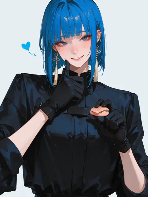 Tomboy_Key Points,  blue_hair, one_ eyes_closure, Jewelry, earrings, Heart, _ eyess, Gloves,  Smile, 正exist查看_exist_Viewer, Long_hair, alone_Key Points, pinch,  blush,  black_Gloves, hair_ between_ eyess, cheek_pinch, tassel_earrings,  simple _background, ...