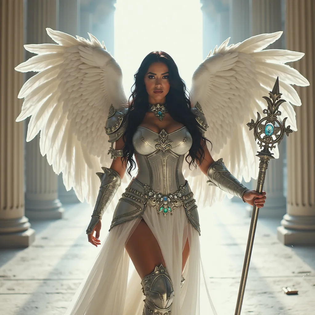 A powerful warrior with a body athletic and voluptuous, highlighting thick thighs and large breasts. She wears detailed silver armor, combined with a translucent white dress adorned with stones bright, conferring a heavenly and majestic air. Her long wavy ...