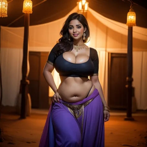 Full body, detailed face, 3girls, three tamil bellydancers wearing colorful harem pants and topless in a desert tent, (very dark skin), curvy, tall, ((extremely Large big boobs)), big ass, hourglass figure, seductive, cute face, full lips, smiling, studio ...