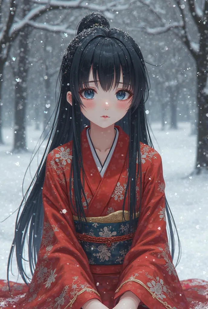  Anime girl long straight black hair with bangs very nice blue eyes round and big ,  dressed in a red kimono , She is in the snow crying  all over her face and body 