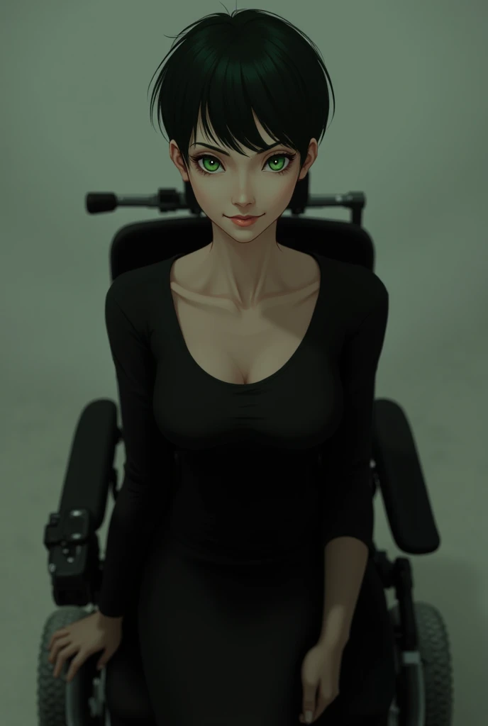 Woman with black hair, very short pixie cut, emerald green eye s, black dress, weak smile, in electric wheelchair 