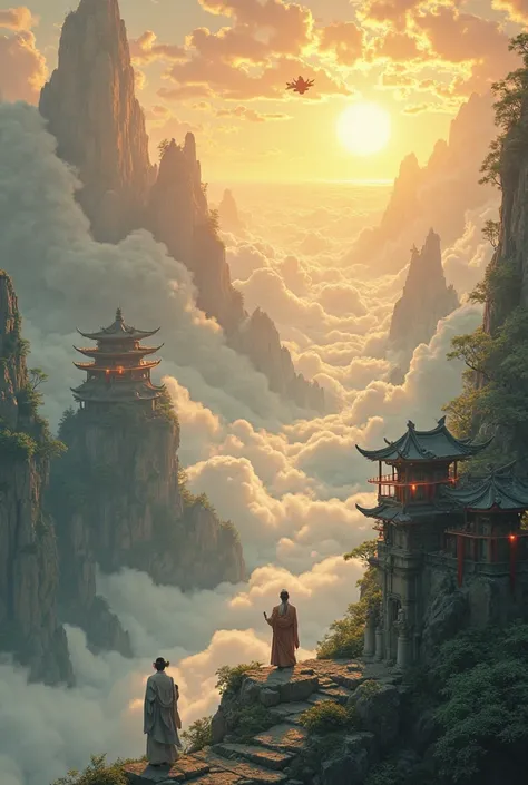 A vast fantasy world inspired by ancient Chinese mythology. Majestic floating mountains, divine palaces above the clouds, and cultivators flying through the sky. The scene is grand, filled with golden sunlight and mystical energy