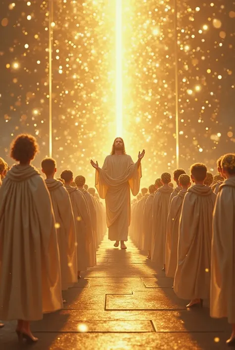 IN THE SKY A CITY OF SHINING GOLD WITH STREETS OF GOLD PALACE CASTLE OF PRECIOUS STONES KING CHRIST JESUS RECEIVING THE SAVED BY PLACING A CROWN ON EACH OF THE REN, young people and adults, WITH SHINING WHITE GARMENTS ALL CHEERFUL