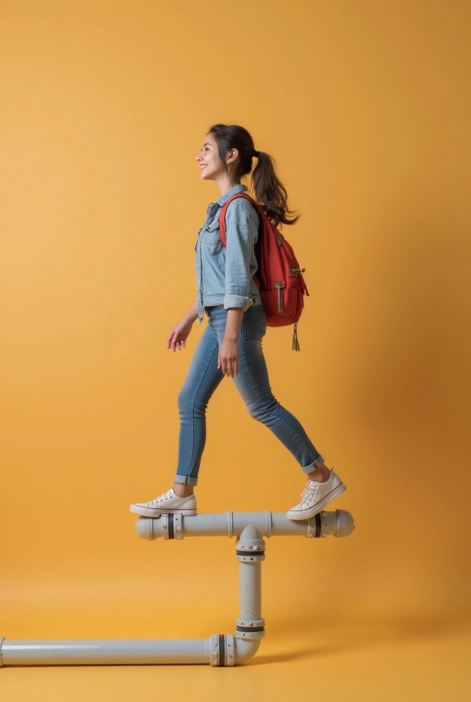 Here is the realistic, full-body 4K image of the young college girl walking against a solid color background, balancing her hands on a thin pipe pillar with an excited smile. Let me know if you'd like any changes!