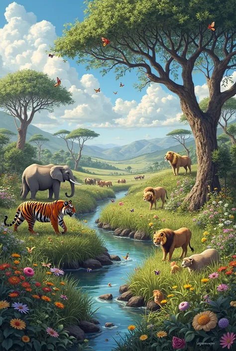 Create a picture of an ecosystem with different plants and animals: tiger lion elephant deer sheep butterflies Birds