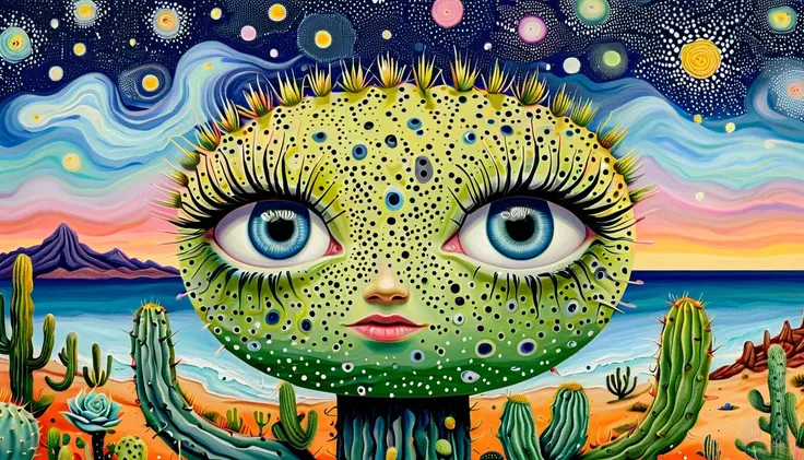 跖、 marine life 、 eyes、starry sky，Co-created abstract painting，depicts the inner world of autistic people， cactus、 eyes、Sense of Space，blank，Pointillism，Psychedelic Art，interesting：1.5。Trypophobia