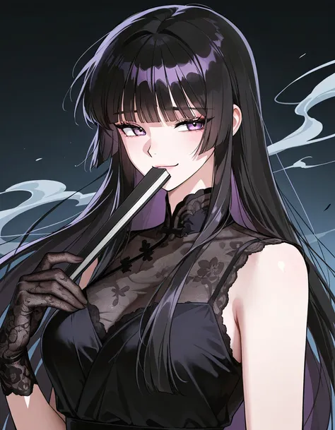 anime style, a female, manhwa female, purple long hime cut hair, wearing a sleeveless black dress, black transparent lace gloves, holding a closed fan in front of the mouth, facing to the side, closed hand fan, hair fluttering slightly in the wind, smug ex...