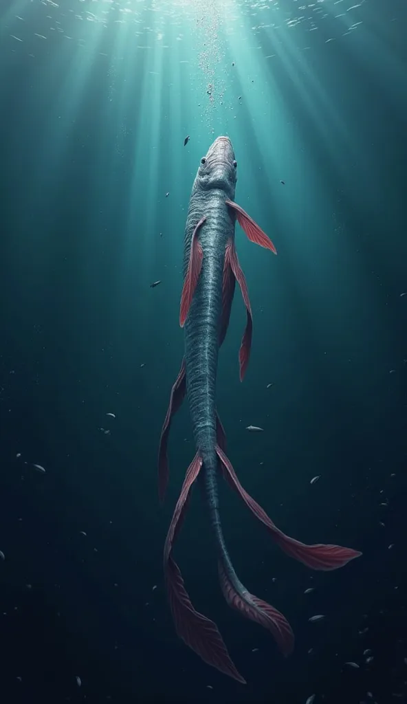  A giant oarfish  (Regalecus glesne) swimming in the depths of the ocean. the fish is long and slender, with a shiny silver body and long red fins. The background is dark blue , with rays of light filtering from the surface. the fish has a mystical and ele...