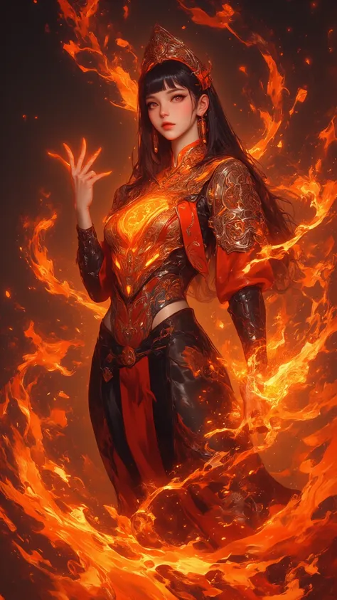 a magnificent witch in a serene Yuga，Charming red、Orange and gold waves seem like flames。Her energy flows elegantly from her posture and attire，illuminates her flawless skin，like smooth rippled leather。radiates confidence and authority，Her hands seem to gu...