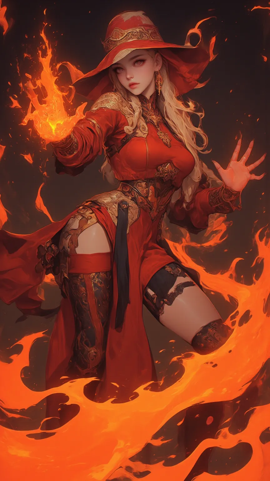 a magnificent witch in a serene Yuga，Charming red、Orange and gold waves seem like flames。Her energy flows elegantly from her posture and attire，illuminates her flawless skin，like smooth rippled leather。radiates confidence and authority，Her hands seem to gu...