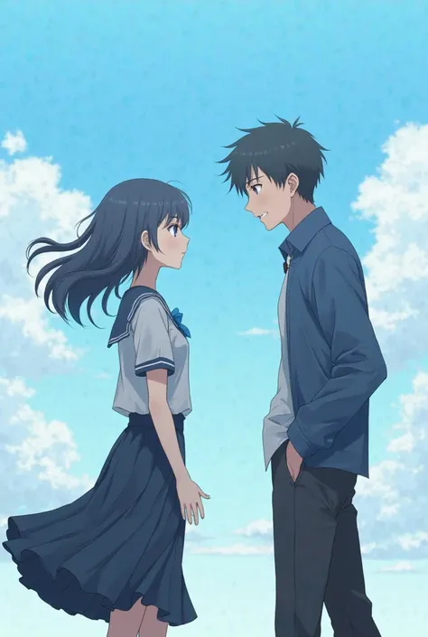 A high school-age girl wearing blue-toned clothes and a skirt and a slightly good-looking guy like a college student facing each other, In a Japanese anime picture with a girl's skirt scattered in the wind