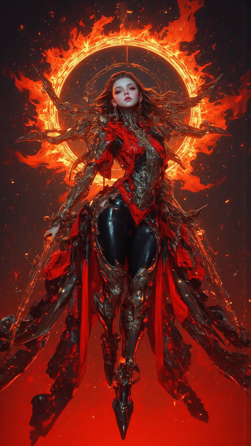 a magnificent witch in a serene Yuga，Charming red、Orange and gold waves seem like flames。Her energy flows elegantly from her posture and attire，illuminates her flawless skin，like smooth rippled leather。radiates confidence and authority，Her hands seem to gu...