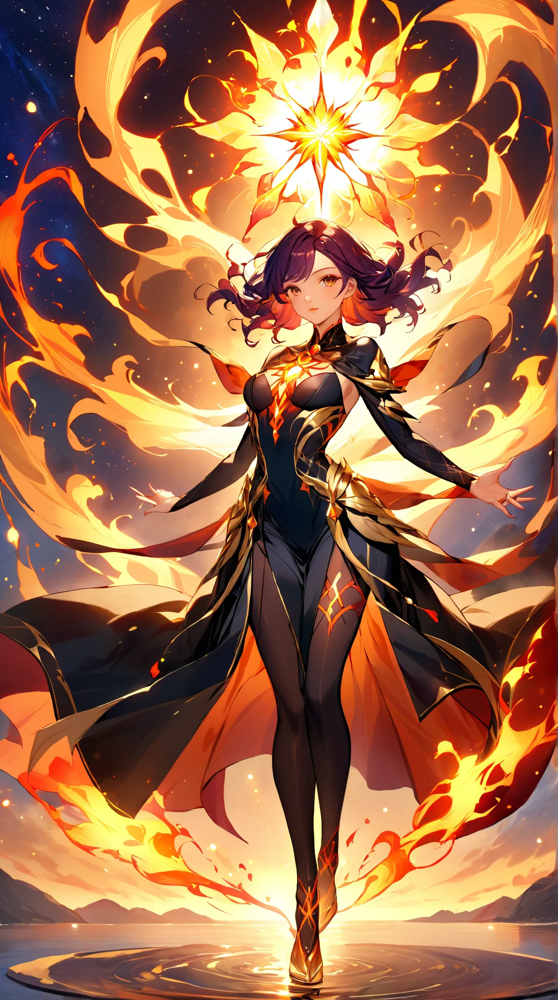 a magnificent witch in a serene Yuga，Charming red、Orange and gold waves seem like flames。Her energy flows elegantly from her posture and attire，illuminates her flawless skin，like smooth rippled leather。radiates confidence and authority，Her hands seem to gu...