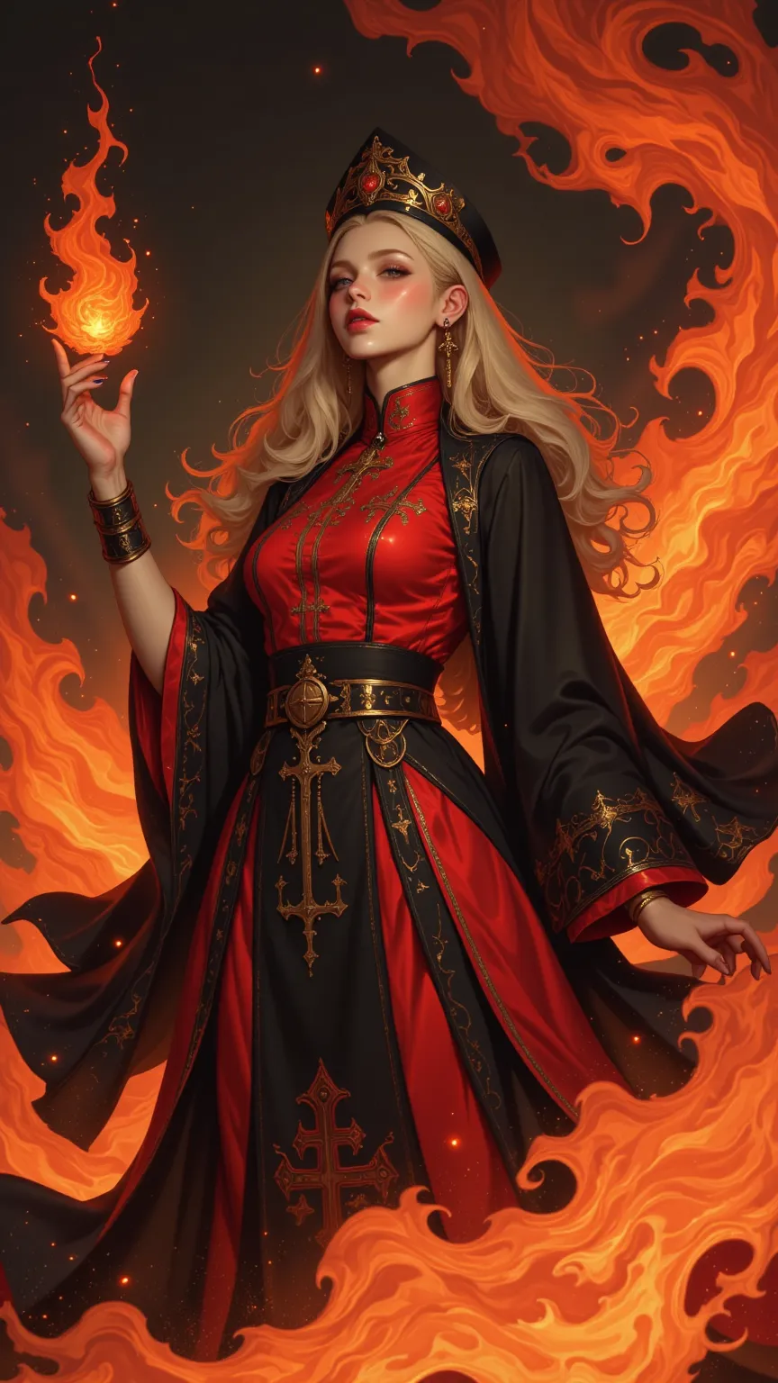 a magnificent witch in a serene Yuga，Charming red、Orange and gold waves seem like flames。Her energy flows elegantly from her posture and attire，illuminates her flawless skin，like smooth rippled leather。radiates confidence and authority，Her hands seem to gu...