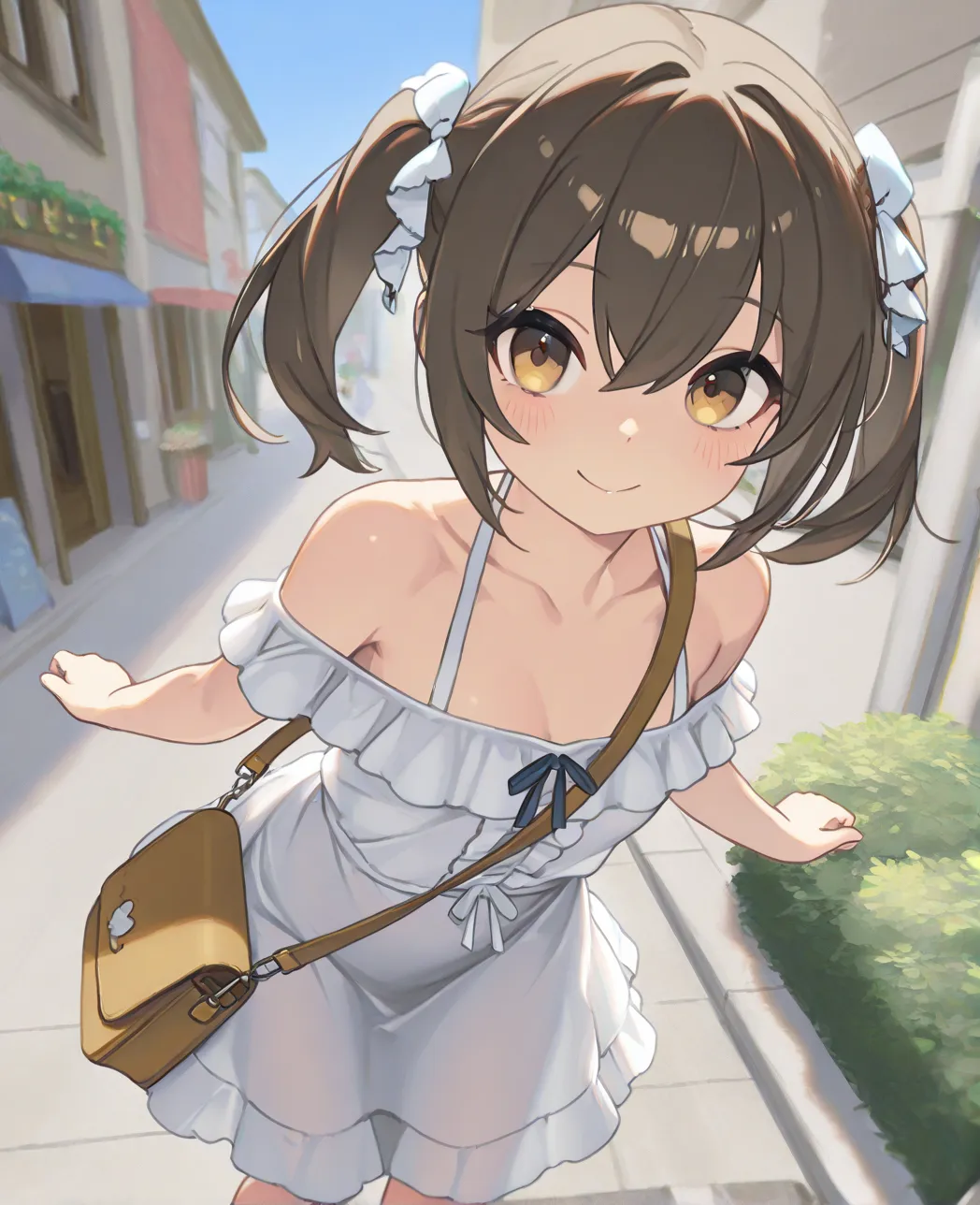 very awa, masterpiece, best quality, newest,  highres, aburdres、1 very young girl 、normal size breasts、slim body、Slender legs、Reddish brown hair、 brown eyes、twin tails、is wearing a dress with white frills、White shoulder bag、the way、blue sky、Girl walking al...