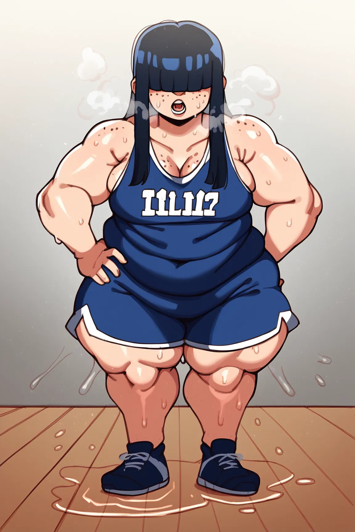 score_9, score_8_up, score_7_up, blaash,  BREAK, 1girl, solo, 1girl, solo, , black hair, hime cut, long hair, hair over eyes, freckles, black tank top, blue gym shorts, black makeup, casual, cowboy shot, large breasts, hand on hips, sweaty, sweating profus...