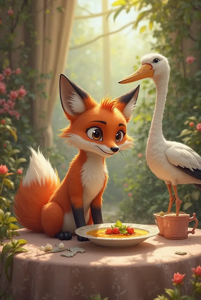 The next day when the Stork arrived for lunch, the Fox served him a delicious soup in a shallow dish.
Now, the Fox easily ate his lunch