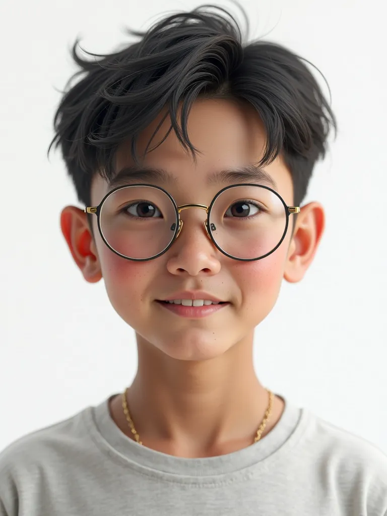 An  boy, Indonesian Java face, standing, looking directly at the camera, wearing thin, round-frame glasses. They have a neutral and relaxed facial expression. The face is highly detailed, with smooth skin, light freckles, and slightly messy hair. They are ...