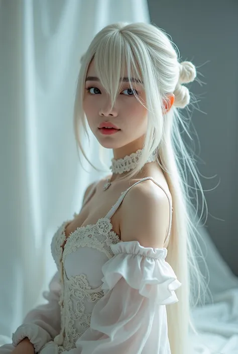 ASIAN COSPLAYING THE CHARACTER GWEN FROM THE GAME LEAGUE OF LEGENDS IN A STUDIO
