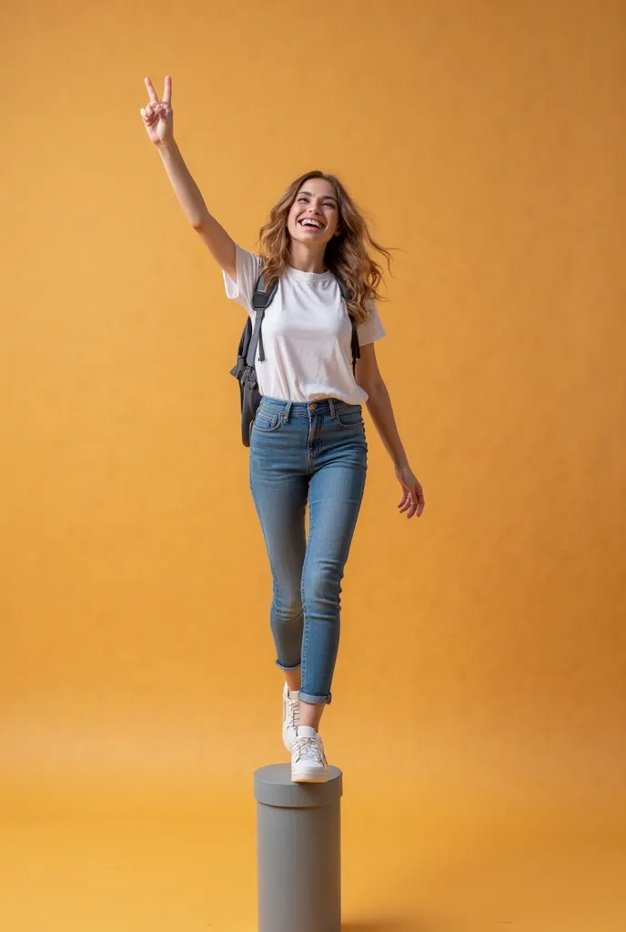 Here is the realistic, full-body 4K image of the young college girl walking against a solid color background, balancing her hands on a thin pipe pillar with an excited smile. Let me know if you'd like any changes!