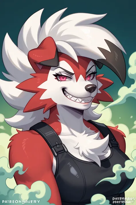 furry Lycanroc, pokemon, red fur, white hair, black tip hair, smirking expression, pretty, female, cartoon, toony style, sharp pointy teeth, toothy grin, looking at viewer, female, spikey hair, green smoke behind her, gas, farting, green smoke in backgroun...