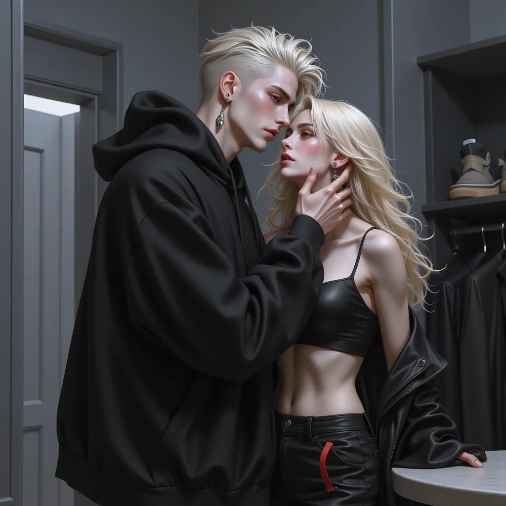  Platinum blond guy ,haircut with transition ,red glowing eyes ,frowning dark eyebrows , high cheekbones,summer appearance25,on the lower lip to the corner of the mouth piercing,black men's wedge shaped ear stud earrings,wearing a black oversized hoodie,bl...