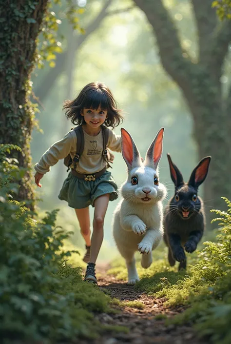 A white rabbit with gray patches and a black rabbit running with a tall slender girl with bangs, braces and a ring on her nose in a forest