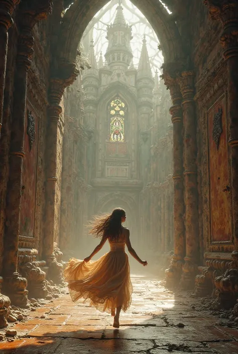 A girl wearing gown running through the grand mystical rusty castle in Vintage aesthetic