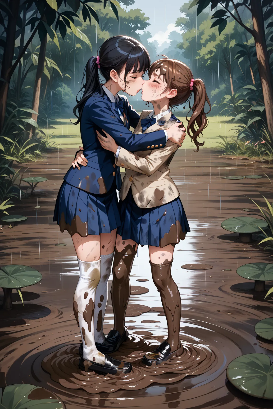 Highest quality,２A human high school girl with dark hair,((( blazer covered in mud,uniforms covered in mud,white high socks covered in mud, black loafers covered in mud))),(((my whole body is covered in mud,Whole body dirt, my whole body is soaked, tattere...