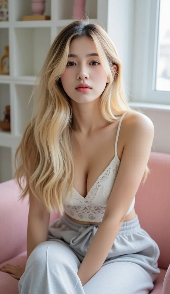 A young woman with long, wavy, light blonde but not too blonde hair sits on a pink chair. She is wearing a white lace bralette and loose gray sweatpants. She has a soft and playful expression, as if blowing a kiss or gently pouting. The room is bright and ...