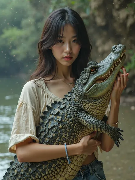 Korean Woman Faced Artist Casual Style, and was holding a large crocodile, Crocodile look detail, They seem familiar ,  glances into the camera , HD 