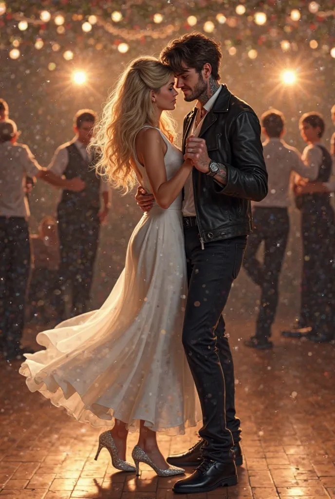  realistic drawing . Curly-haired boy,  neck tattoo, black leather jacket waltzing with blonde girl, cinnamon-length white dress and white and silver heels, In a large room it's beautiful at night, with neutral lights with some people dancing too. 