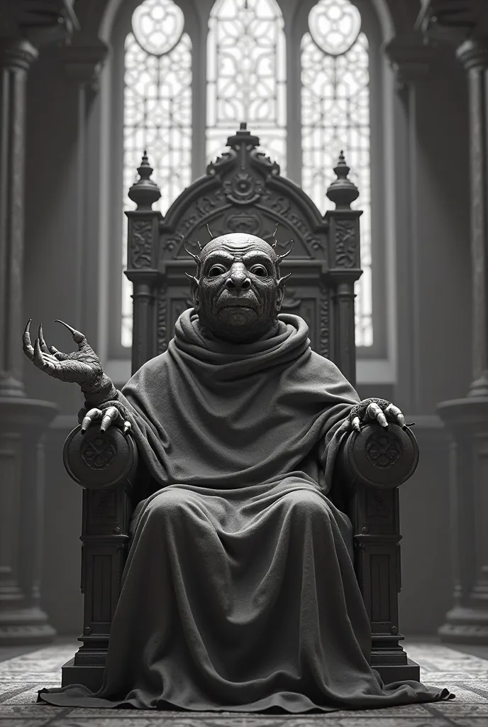 Generate a 3D image of Don Cangrejo for me ( SpongeBob character) Sitting on a throne, wearing a monk's robe, holding a leaf, In the church council,  do it in black and white