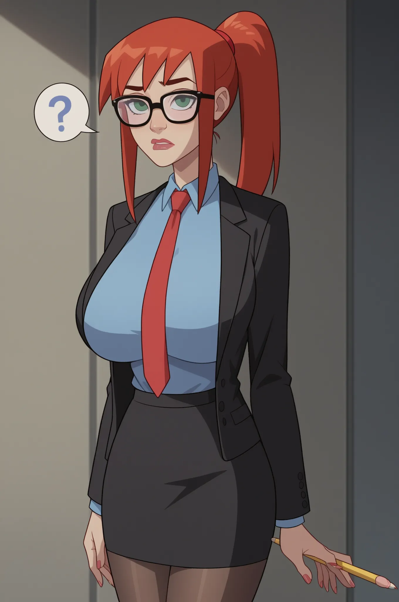 2D, source_cartoon, score_9, score_8_up, score_7_up, score_6_up, score_5_up, score_4_up, BREAK, 1 girl, Mary Jane, alone, Marvel, ponytail, confused look on her face, blue shirt, shirt with long sleeves, suit, black suit, red tie, skirt, pencil, black skir...