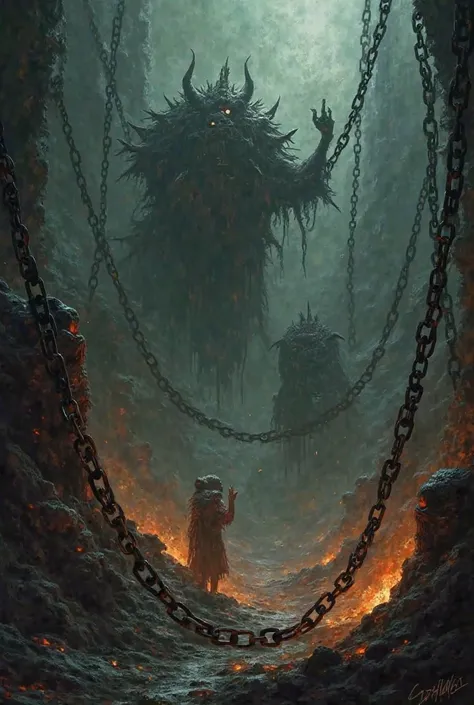 A terrifying depiction of Hell—a dark abyss filled with chained souls and monstrous creatures.
