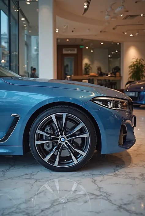 Here’s a detailed AI prompt for your image request:

"A sleek, blue BMW parked in a luxurious showroom with polished marble floors and soft ambient lighting. The image focuses on a close-up side view of the car, highlighting the elegant curves, metallic pa...