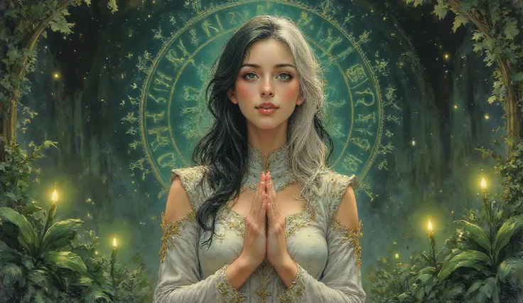 A beautiful anime-style girl with heterochromatic eyes (green and blue), long two-toned hair (white and black) with green highlights, surrounded by lush green foliage and mystical symbols. She wears an elegant fantasy-inspired outfit with gold and green ac...