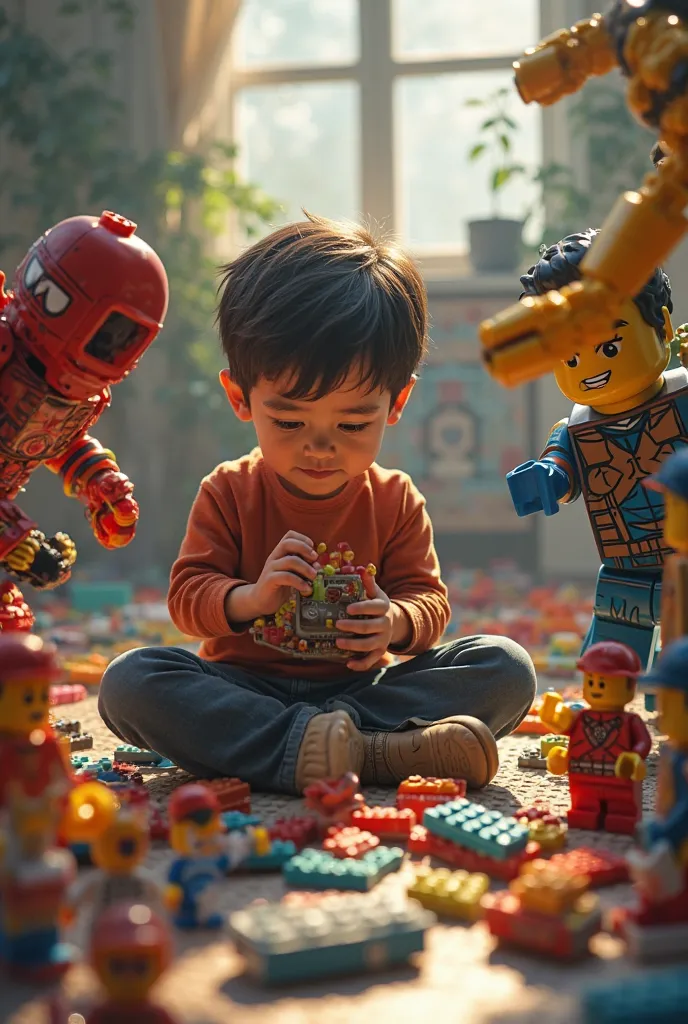 a boy playing with Legos and with many armed figures 