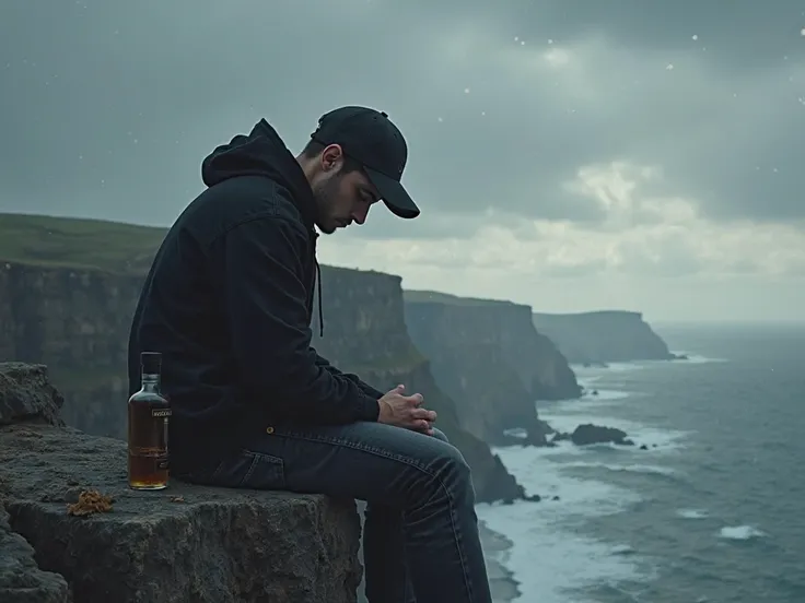 masterpiece, illustration , landscape , high resolution 8k , a very sad young man with depression , sitting at the edge of cliff , with whiskey bottle beside him , wears a black hat , black hoodie , black jean pant , looking at cloudy sky ,small waves on t...