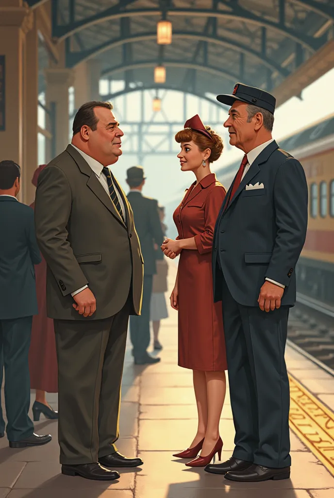 Two friends met at the train station in 1950, one Fat, tidy, and the other skinny, neat,skinny with a  in a cap and with his wife in a pointy chin dress 