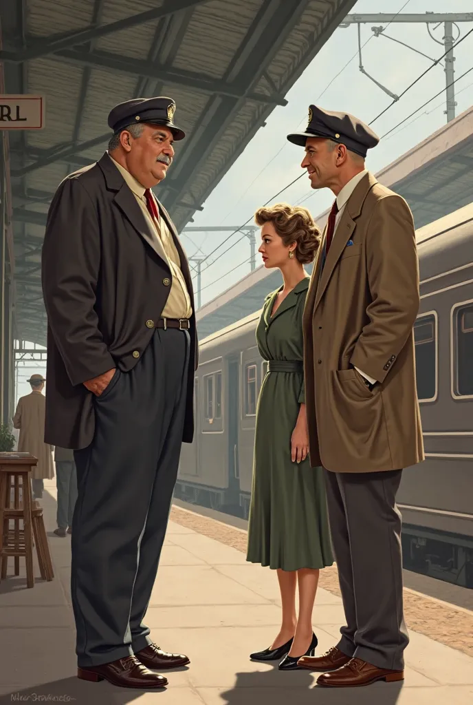 Two friends met at the train station in 1950, one Fat, tidy, and the other skinny, neat,skinny with a  in a cap and with his wife in a pointy chin dress 