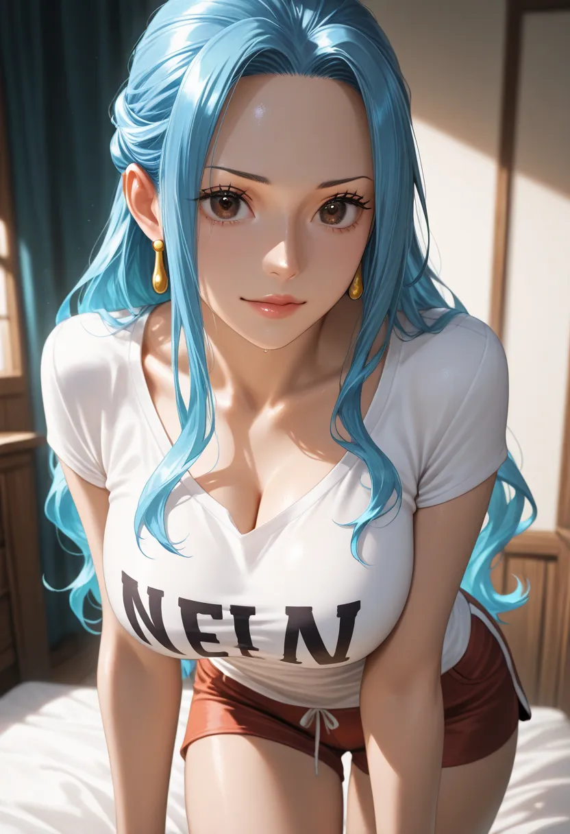 masterpiece, best quality, vibrant, very aesthetic, high contrast, photorealistic portrait, newest, 1girl,source_one piece,nefertari vivi,shirt,shorts,room
