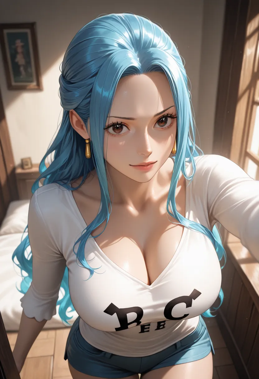 masterpiece, best quality, vibrant, very aesthetic, high contrast, photorealistic portrait, newest, 1girl,source_one piece,nefertari vivi,shirt,shorts,room
