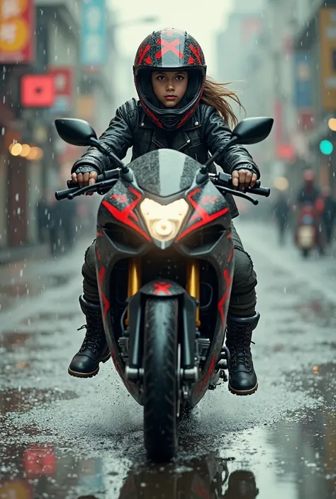 A young girl riding a black motorcycle with red Cross-style stripes on a puddle with a knot in Motocross boots