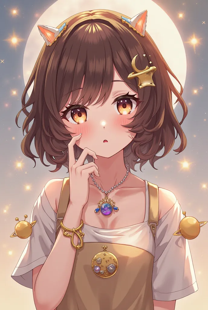 Create an anime girl with brown eyes, layered hair with brown curlers.   ager . A moon pendant and a Saturn ring 