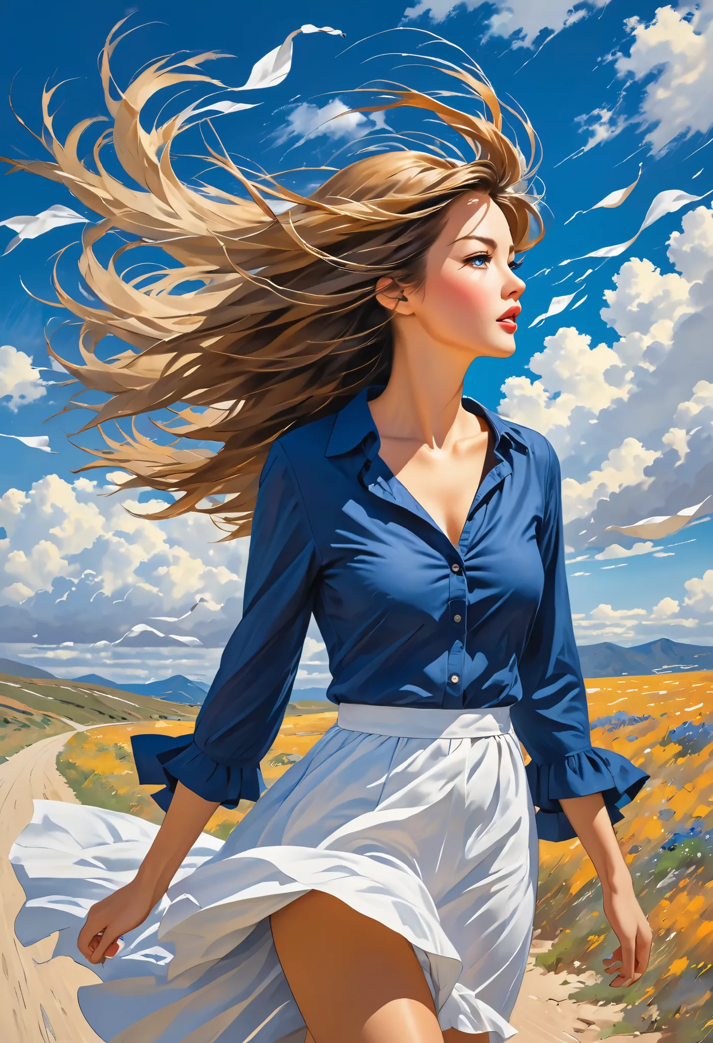 a woman, walking in the wind, hair blowing in the wind, 
she keeps walking this complication shakedown, 