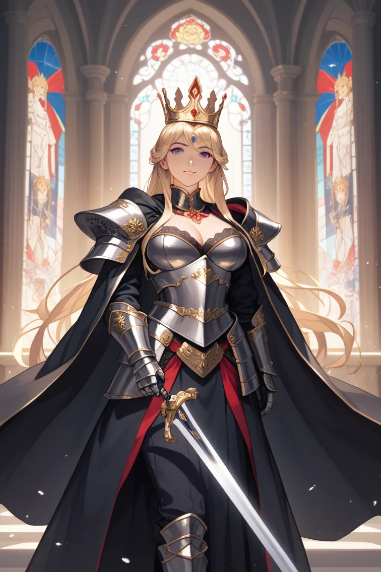  Japanese、Beautiful Girl、knight、 Black Armor、Black Great Sword、Queen、crown、Decorations、Black Cloak、White paper、 long hair