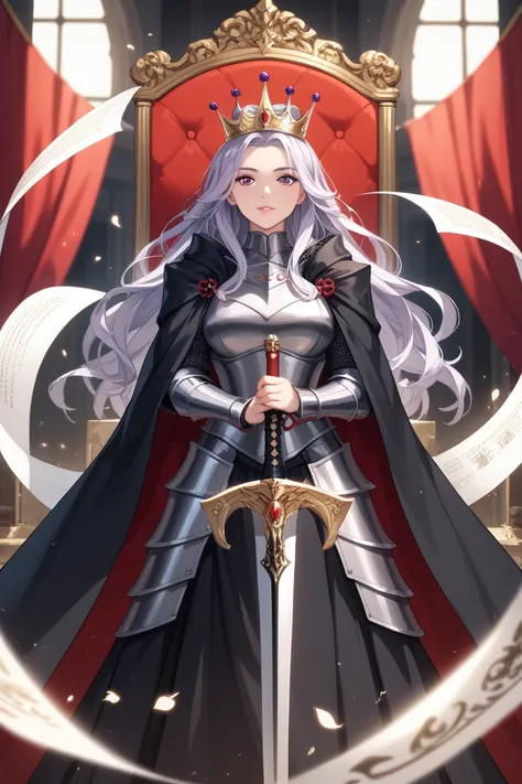  Japanese、Beautiful Girl、knight、 Black Armor、Black Great Sword、Queen、crown、Decorations、Black Cloak、White paper、 long hair