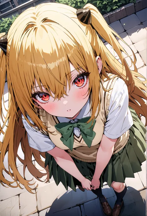  score_9,  score_8_up,  score_7_up,  source_anime,
toloverudarkness, darkness,   yellow hair  ,  long hair, red eyes, hair ornaments close to the garden, two side up,
Sainan school uniform,  shirt, white  shirt, bow, green bow,  skirt, green  skirt, pleate...